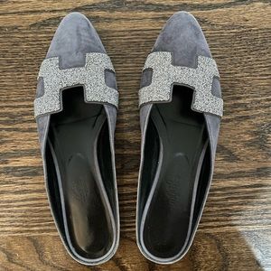 Hermes Gray Suede Mules with Crystals